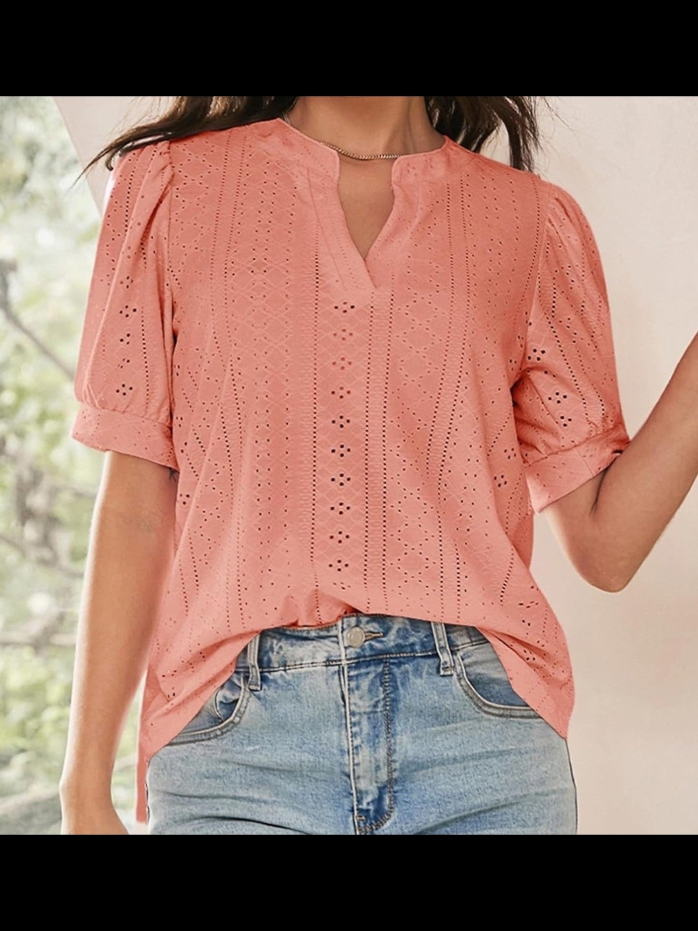 Women's Eyelet Puff Sleeve Top - Coral - Picture 2 of 6